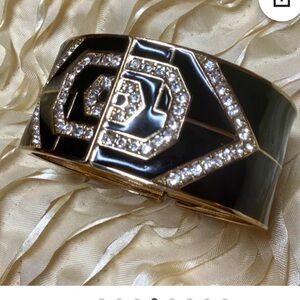 VINTAGE ART DÉCO BLACK ENAMEL CLAMPER BANGLE HINGED GOLD TONE RHINESTONED